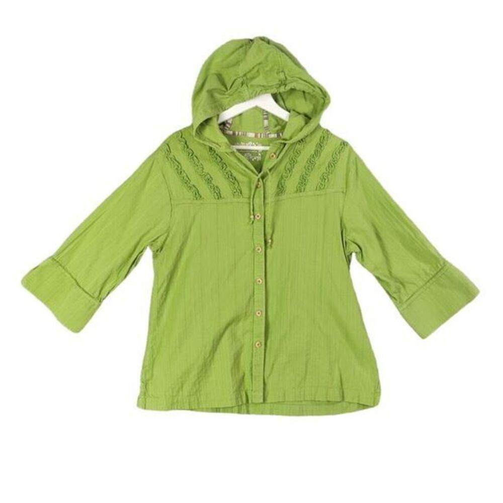 Cabelas Womens Gorp Granola Cottage Lightweight Hoodie XL Green Ruffle Button Up